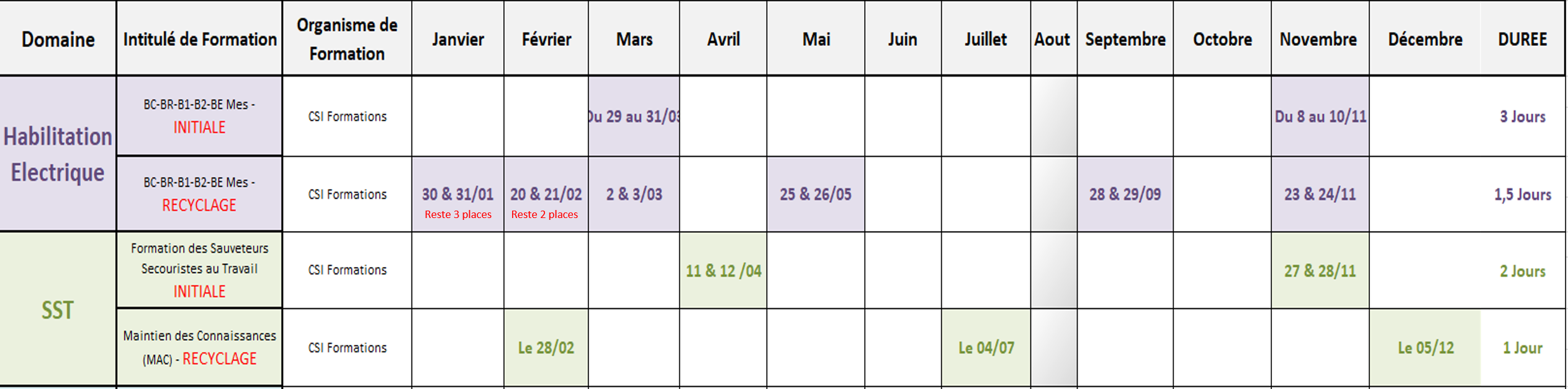 Planning sans tarif